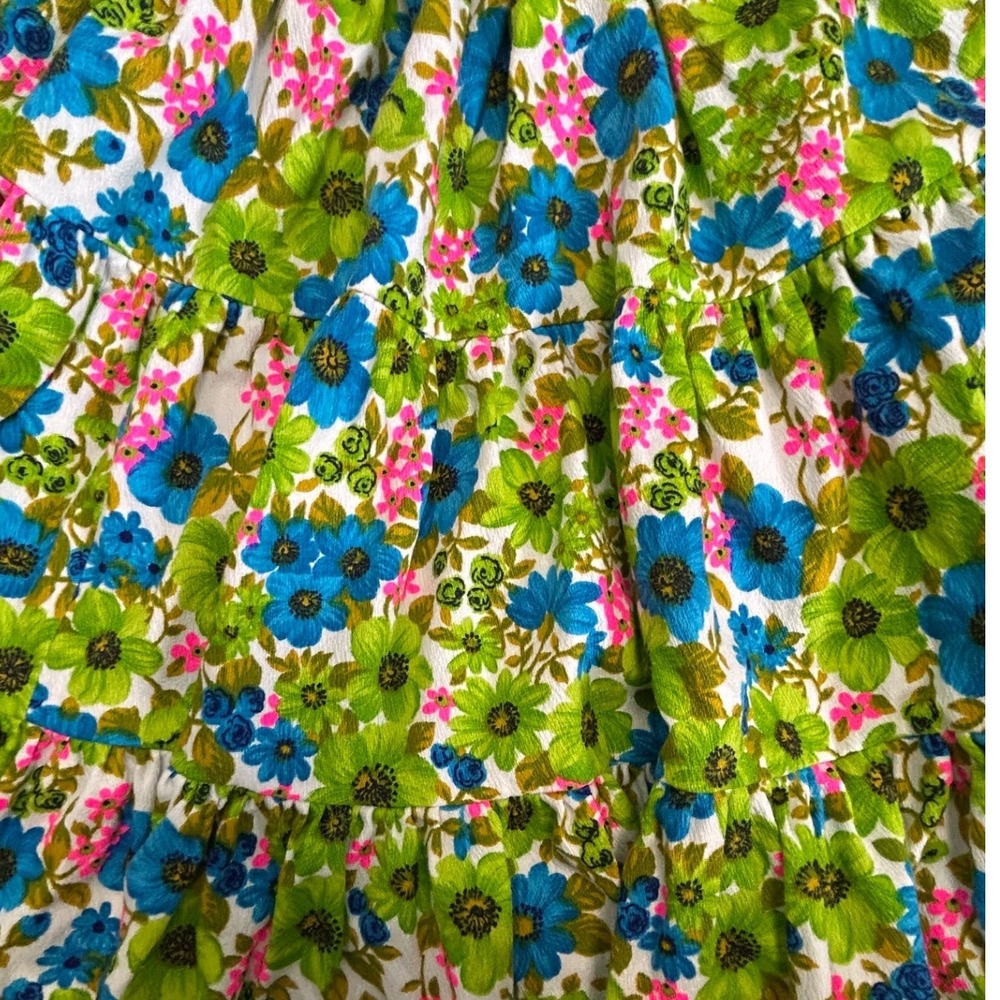 Vintage Floral Tiered Ruffle Full Mini Skirt Barkcloth Elastic Waist Dance - Picture 3 of 7